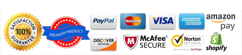 Satisfaction guarantee, PayPal, Mastercard, Visa, American Express, Amazon Pay, Discover, McAfee Secure, Norton Secured, Shopify